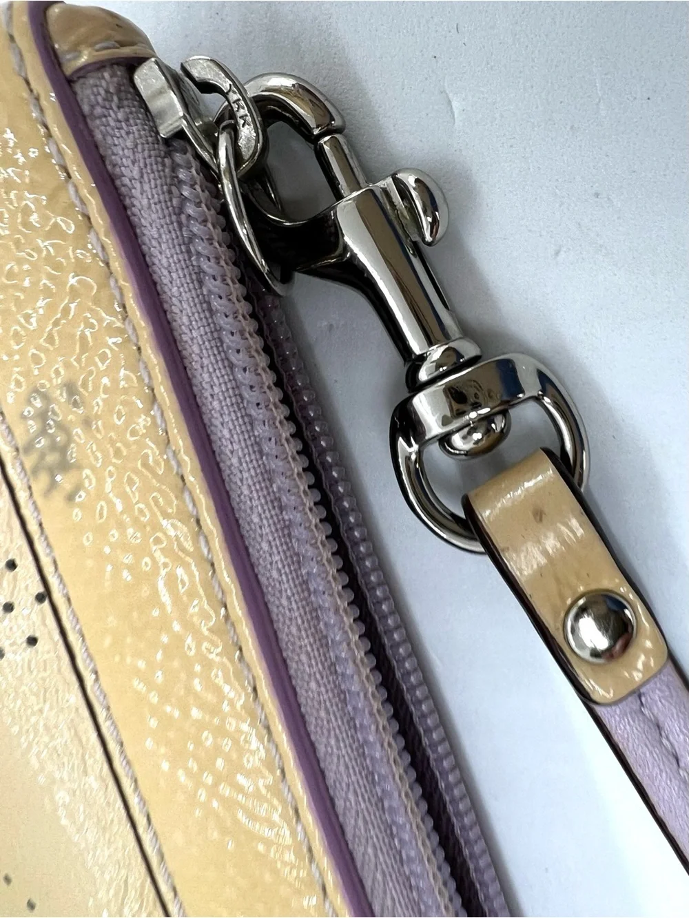 Coach Beige Patent Leather Perforated Signature C Wristlet Lilac Trim